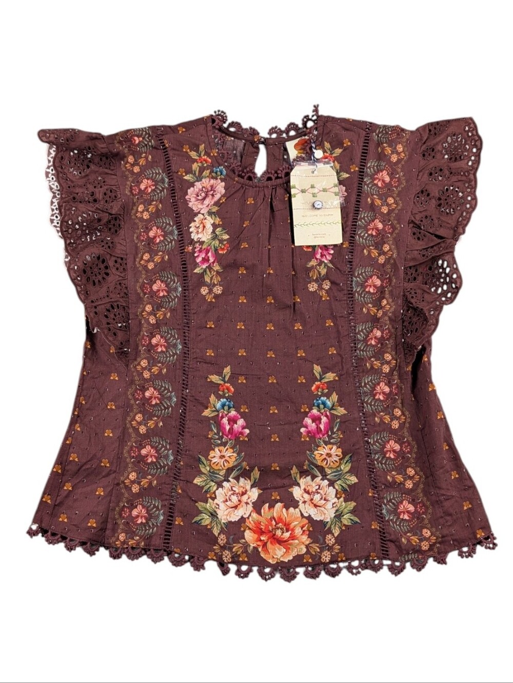 NWT Farm Rio x Anthropologie Flutter Sleeve High Neck Floral Blouse Small - Picture 4 of 10